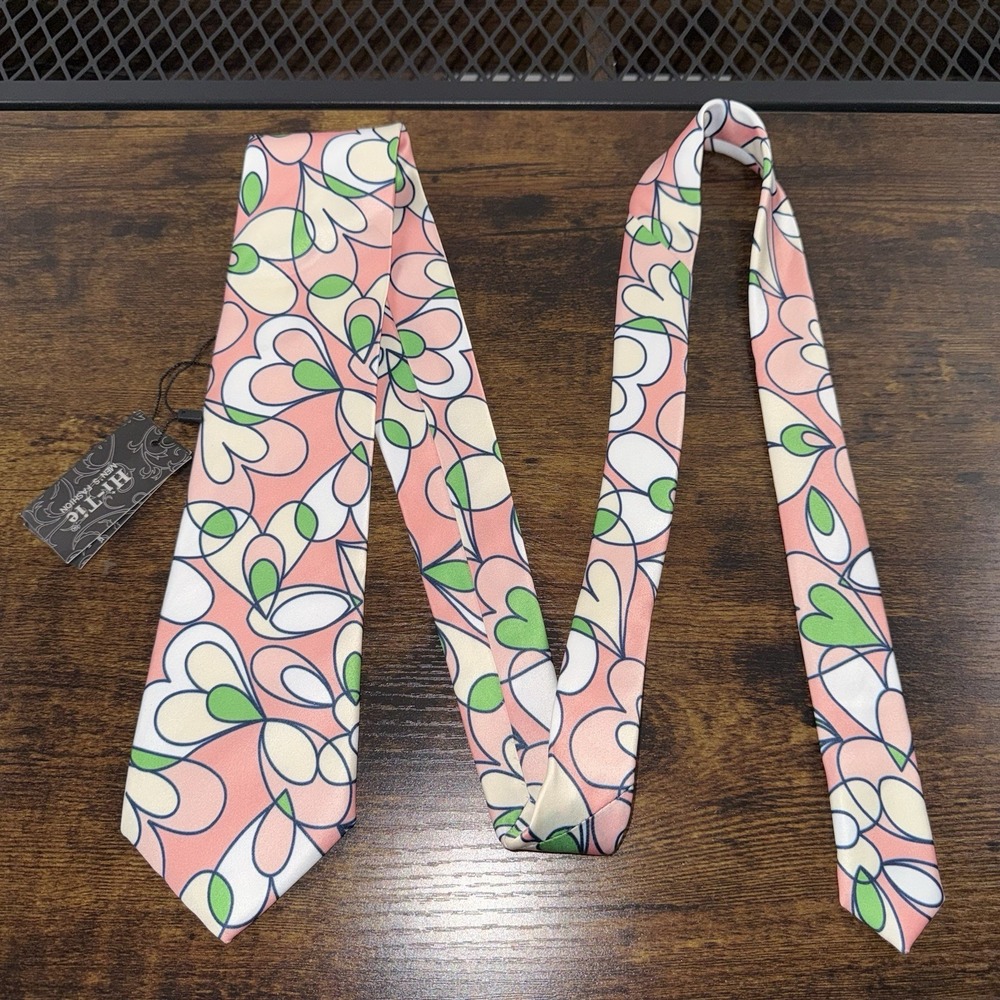 NWT Hi-Tie Pink Floral Silk Tie Men's Designer Necktie Handmade Wedding Spring